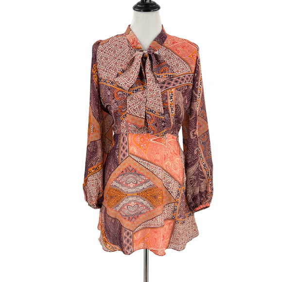 Divine Heritage Mini Dress Orchid Floral Paisley Print Tie Neck Size Small - Picture 5 of 16